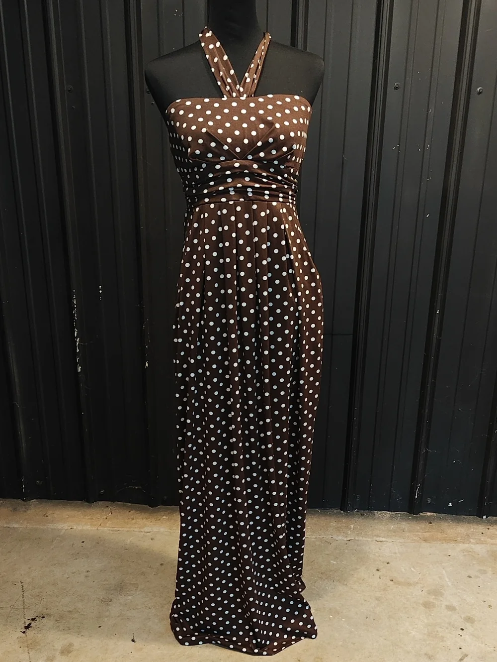 Polka Dot Halter Maxi Dress in Brown and White